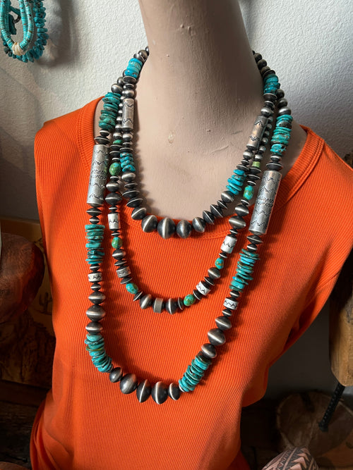 Handcrafted Sterling Silver and Kingman Turquoise Beaded Necklace by Rose Martin, 31 + 1-1/2 inches