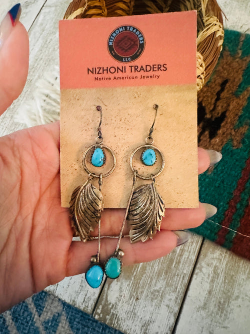 Old Pawn Navajo Sterling Silver & Turquoise Feather  Dangle Earrings