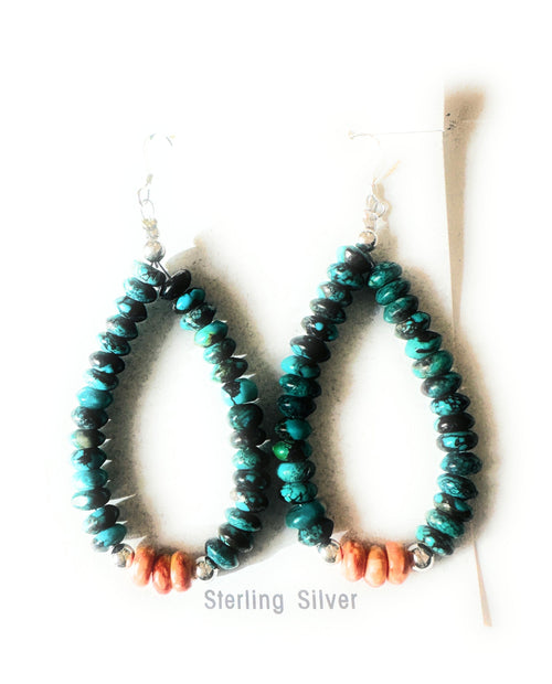 Navajo Turquoise, Spiny & Sterling Silver Beaded Hoop Earrings