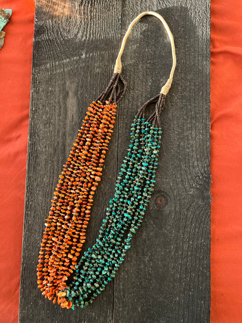 Gorgeous Santo Domingo Made Eight Strand Spiny Oyster and Turquoise Beaded Squaw Wrap Necklace by Daniel Coriz