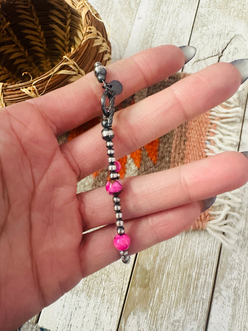 Navajo Pink Mojave and Sterling Silver Pearl Beaded Bracelet