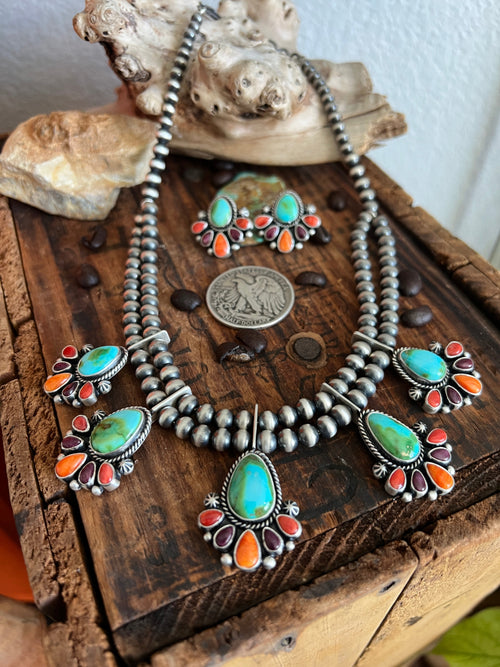 Navajo Made Sterling Silver Electric Rainbow Beaded Cluster Necklace & Earrings Set by Angela Martin