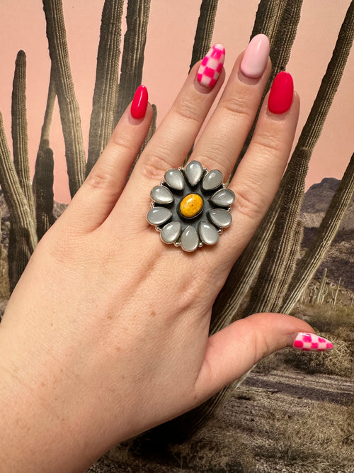 Beautiful Handmade Mother of Pearl, Bumble Bee And Sterling Silver Adjustable Flower Ring