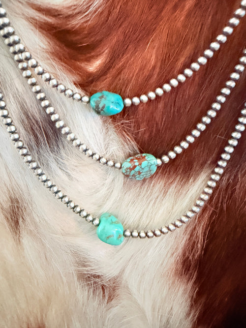 Handcrafted Turquoise & 3mm Sterling Silver Pearl Beaded Necklace