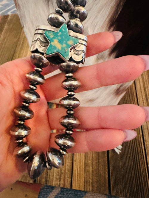 Handcrafted Turquoise & Sterling Silver Beaded Double Sided Jacla Necklace