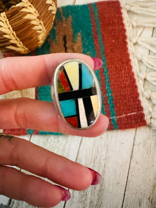 Old Pawn Handcrafted Multi Stone & Sterling Silver Inlay Ring Size 12