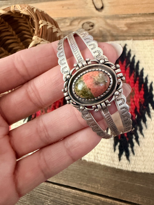 Handcrafted Old Pawn Unakite & Sterling Silver Cuff Bracelet
