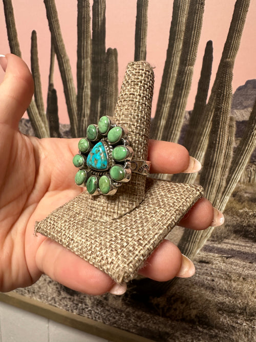 Beautiful Handmade Sonoran Turquoise, Turquoise And Sterling Silver Adjustable Triangle Ring