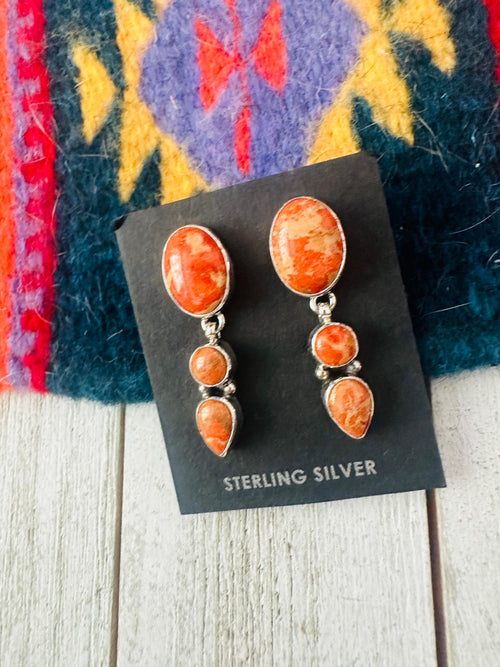 Navajo Sterling Silver Apple Coral Dangle Earrings