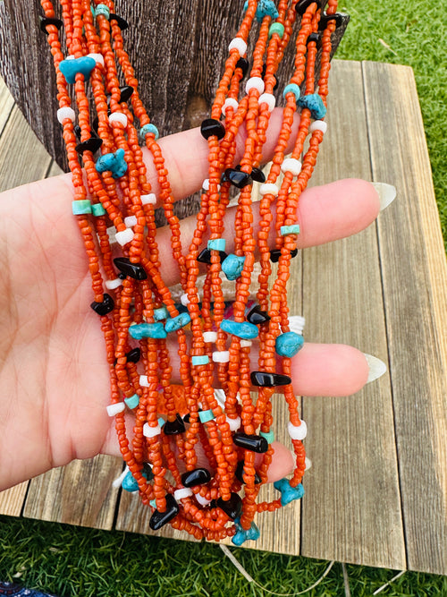Old Pawn Handcrafted Coral, Turquoise & Black Onyx Beaded 32” Necklace