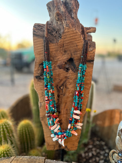 Gorgeous Navajo Made Six Strand Turquoise and Spiny Oyster Beaded Squaw Wrap Necklace, Blue