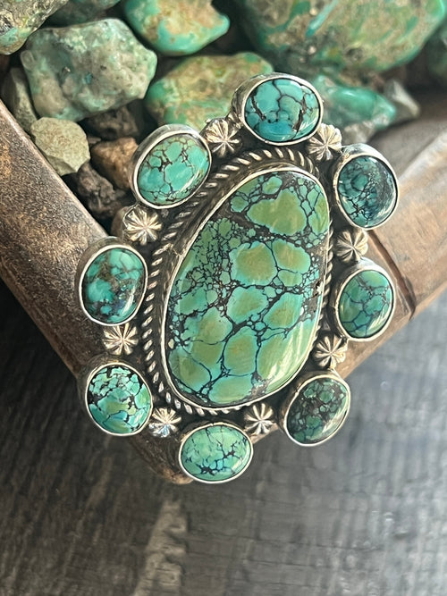 Apache Sterling Silver and Hubei Turquoise Cluster Ring by Rosella Paxson, Size 8.5