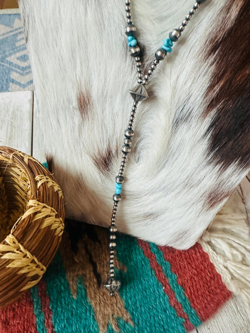 Handcrafted Turquoise & Sterling Silver Pearl 6mm Beaded Lariat Necklace 20"