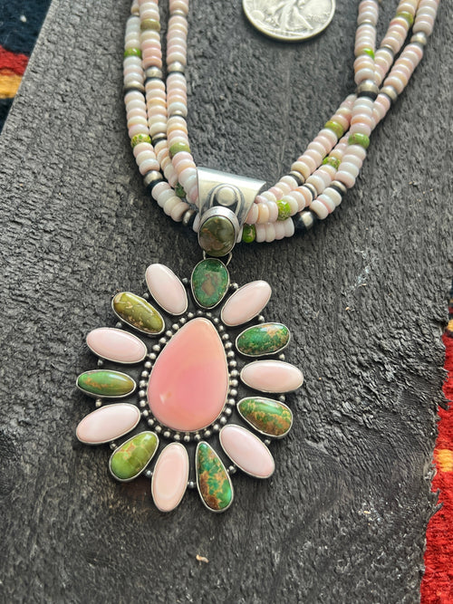 Navajo Sonoran Gold Turquoise, Sterling Silver and Pink Conch Cluster Pendant w/ Beaded Multistrand Necklace by Patrick Yazzie