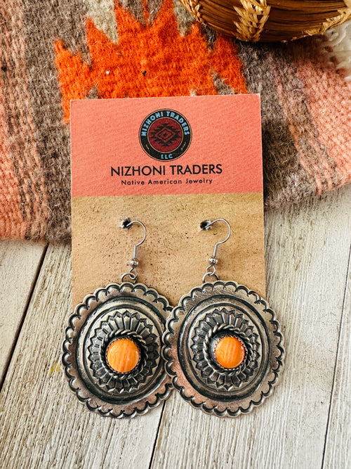 Navajo Orange Spiny and Sterling Silver Concho Dangle Earrings