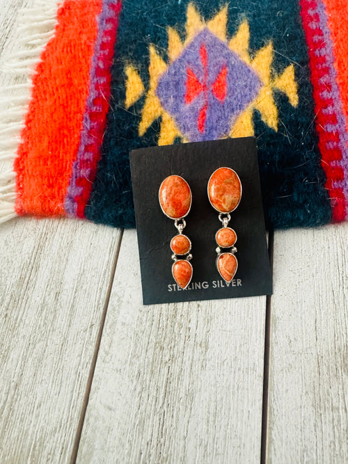 Navajo Sterling Silver Apple Coral Dangle Earrings