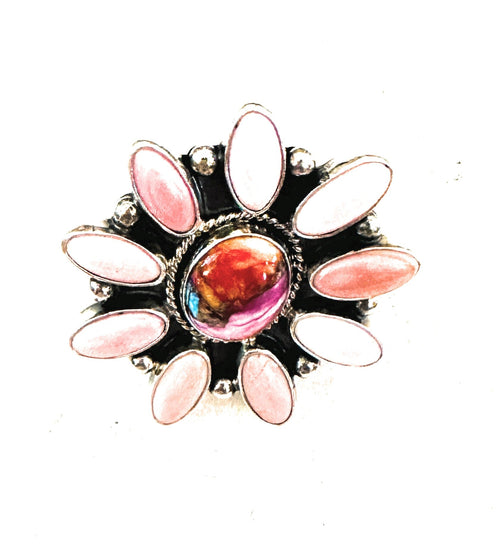 Navajo Sterling Silver, Queen Pink Conch & Pink Dream Cluster Adjustable Ring