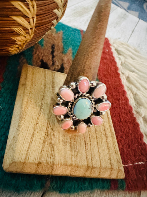 Navajo Sterling Silver, Queen Pink Conch & Turquoise Cluster Adjustable Ring