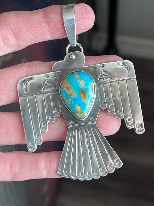 Kimari Somers Hand Stamped Sterling Silver & Kingman Turquoise Thunderbird Pendant 3
