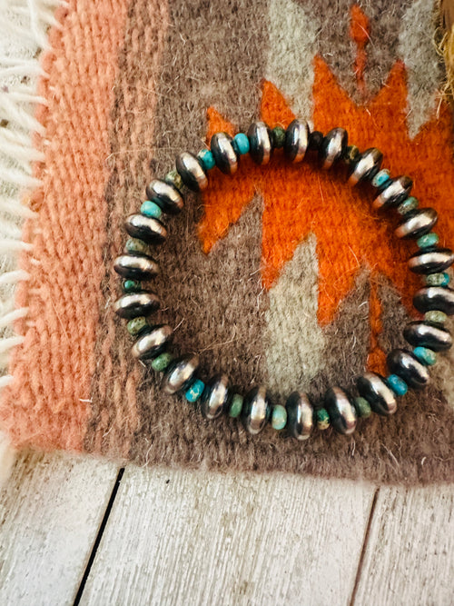 Navajo Turquoise & Sterling Silver Pearl Beaded Stretch Bracelet