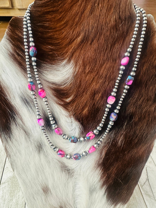 Navajo Sterling Silver & Pink Dream Mojave Beaded Necklace