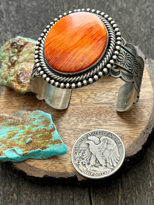 Navajo Hand Stamped Sterling Silver Split Cuff Bracelet with Spiny Oyster Shell by Murphy Platero