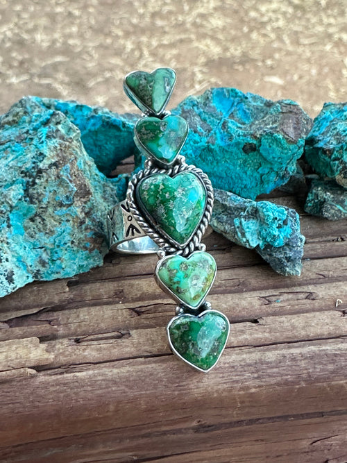 Beautiful Handmade Heart 5 Stone Sonoran Turquoise And Sterling Silver Adjustable Ring