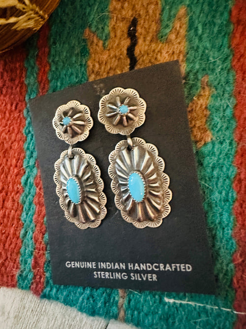 Navajo Hand Stamped Sterling Silver & Turquoise Concho Dangle Earrings