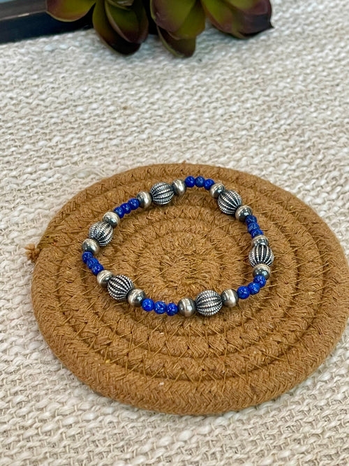 ** 4TH OF JULY ** Handmade Sterling Silver & Lapis Beaded Bracelet with Signed Nizhoni