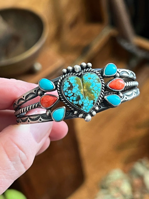Handcrafted Split Sterling Silver, Kingman Turquoise Heart & Spiny Oyster Cuff Bracelet by Diane Wylie