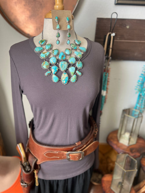 Intricate Handcrafted Sterling Silver and Sonoran Mountain Turquoise Bib Style Necklace with Earrings, Signed T. Smith