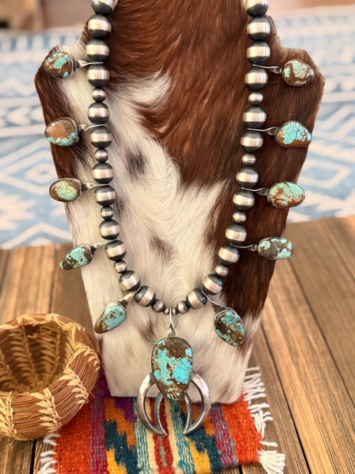 Handcrafted Number 8 Turquoise & Sterling Silver Beaded Squash Blossom Necklace by Chimney Butte