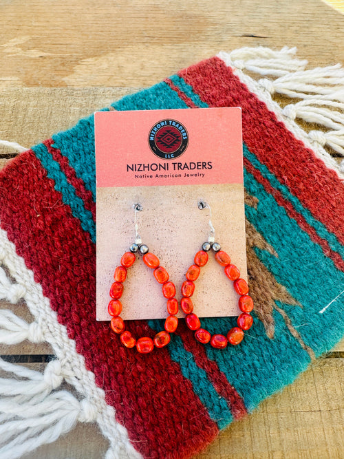 Navajo Sterling Silver Apple Coral Beaded Dangle Earrings