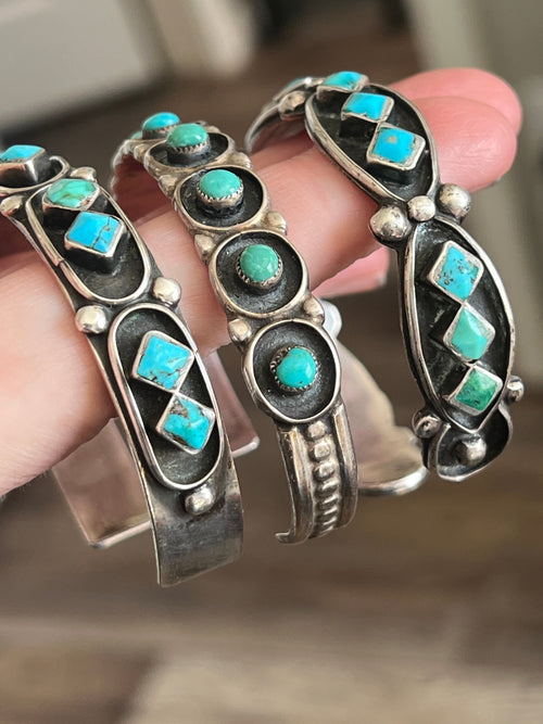 Vintage Zuni Sterling Silver and Three Diamond Turquoise Panel Stacker Cuff Bracelet