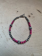 Handmade Dark Pink Fire Opal & Sterling Silver Beaded Bracelet