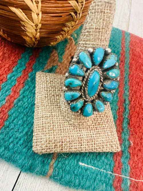 Old Pawn Navajo Sterling Silver & Kingman Turquoise Cluster Ring Size 9.5