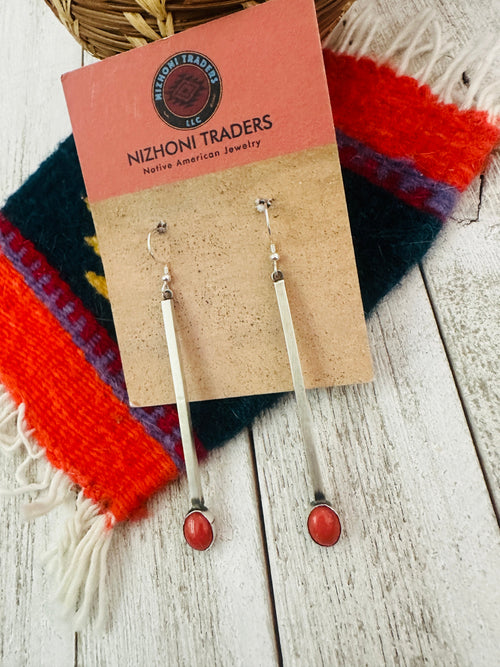 Navajo Sterling Silver & Coral Drop Dangle Earrings