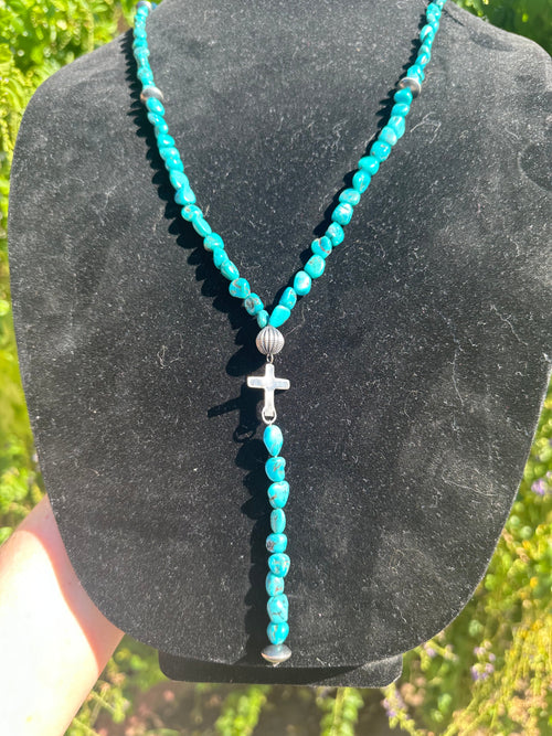 Nizhoni’s Handmade Sterling Silver Turquoise Beaded Lariat Cross Necklace