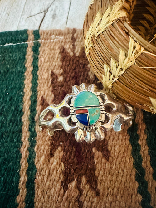 Old Pawn Navajo Multi Stone & Sterling Silver Inlay Cuff Bracelet