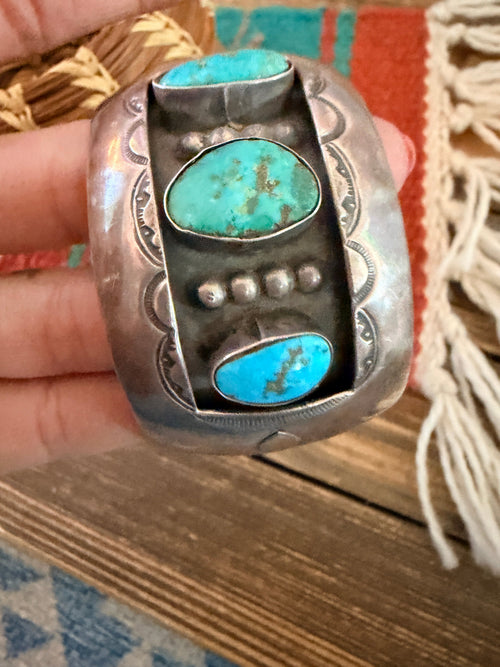 Handcrafted Old Pawn Sterling Silver & Multi Turquoise Shadowbox Cuff Bracelet