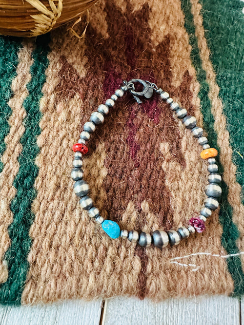 Navajo Sterling Silver Pearl, Spiny & Turquoise Beaded Bracelet