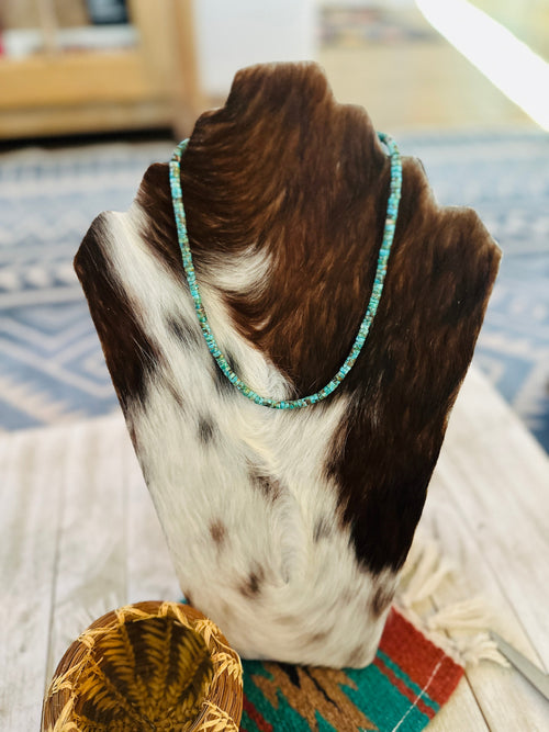 Handcrafted Turquoise & Sterling Silver Beaded Necklace 16”