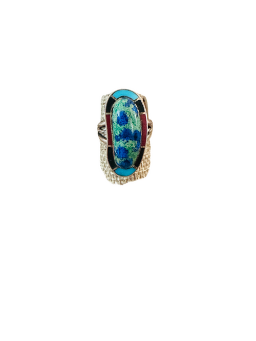 Old Pawn Navajo Sterling Silver & Multi Stone Inlay Ring Size 10