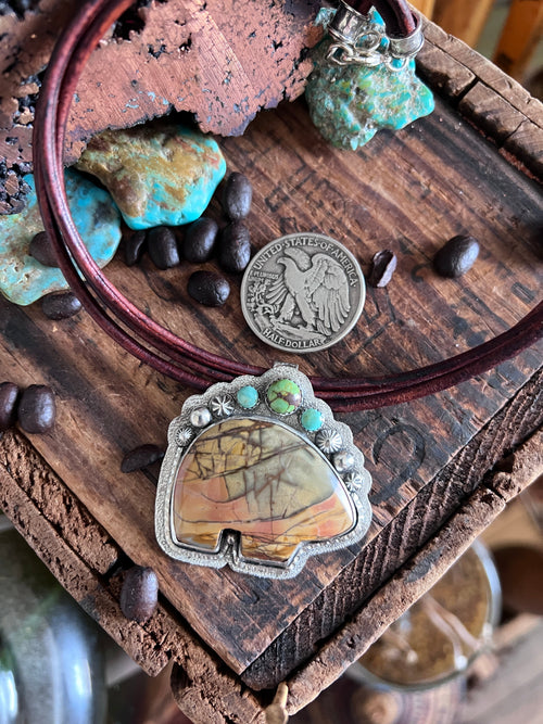 Tularosa Sterling Silver and Leather Red Creek Jasper Bear Necklace with Turquoise