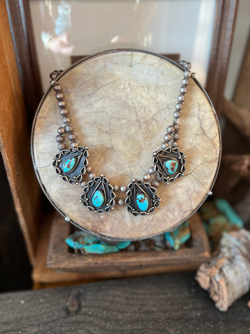 Vintage Navajo Sterling Silver and Turquoise Station Necklace