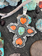 Hand Stamped Sterling Silver, Pilot Mountain Turquoise & Spiny Oyster Cross Pendant by Kimari Somers