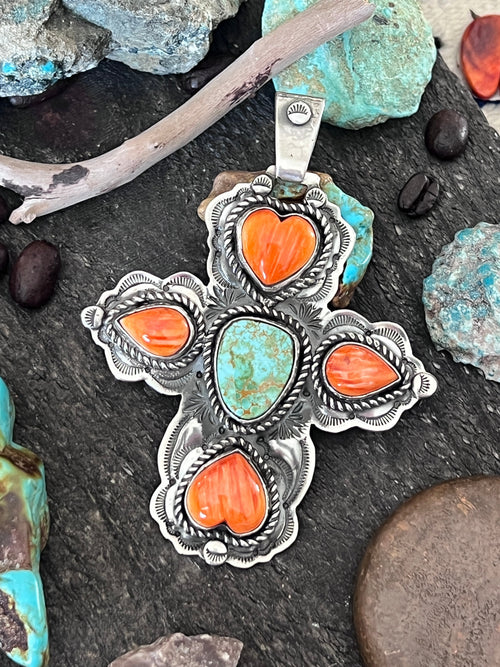 Hand Stamped Sterling Silver, Pilot Mountain Turquoise & Spiny Oyster Cross Pendant by Kimari Somers