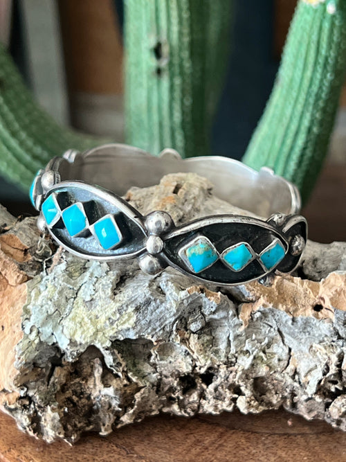Vintage Zuni Sterling Silver and Three Diamond Turquoise Panel Stacker Cuff Bracelet