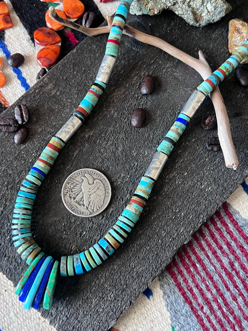 Ronald Chavez Handcrafted Sterling Silver & Multistone Heishi Beaded Santo Domingo Necklace with Tabs