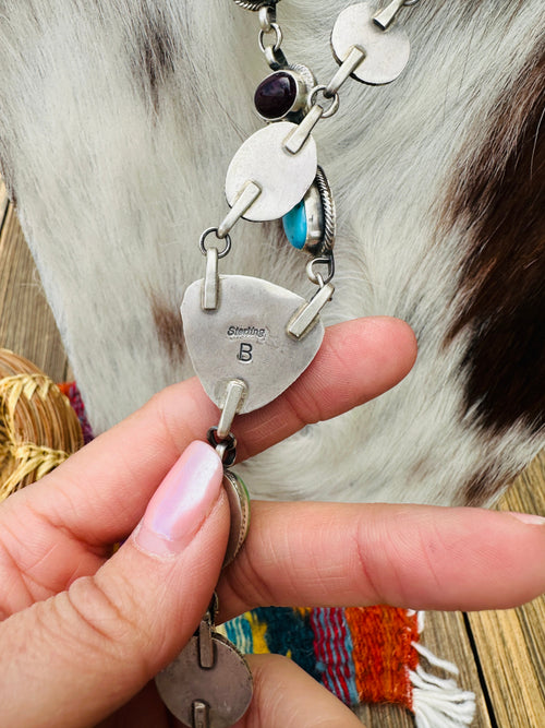 Handcrafted Turquoise, Spiny Oyster & Sterling Silver Electric Rainbow Lariat Necklace